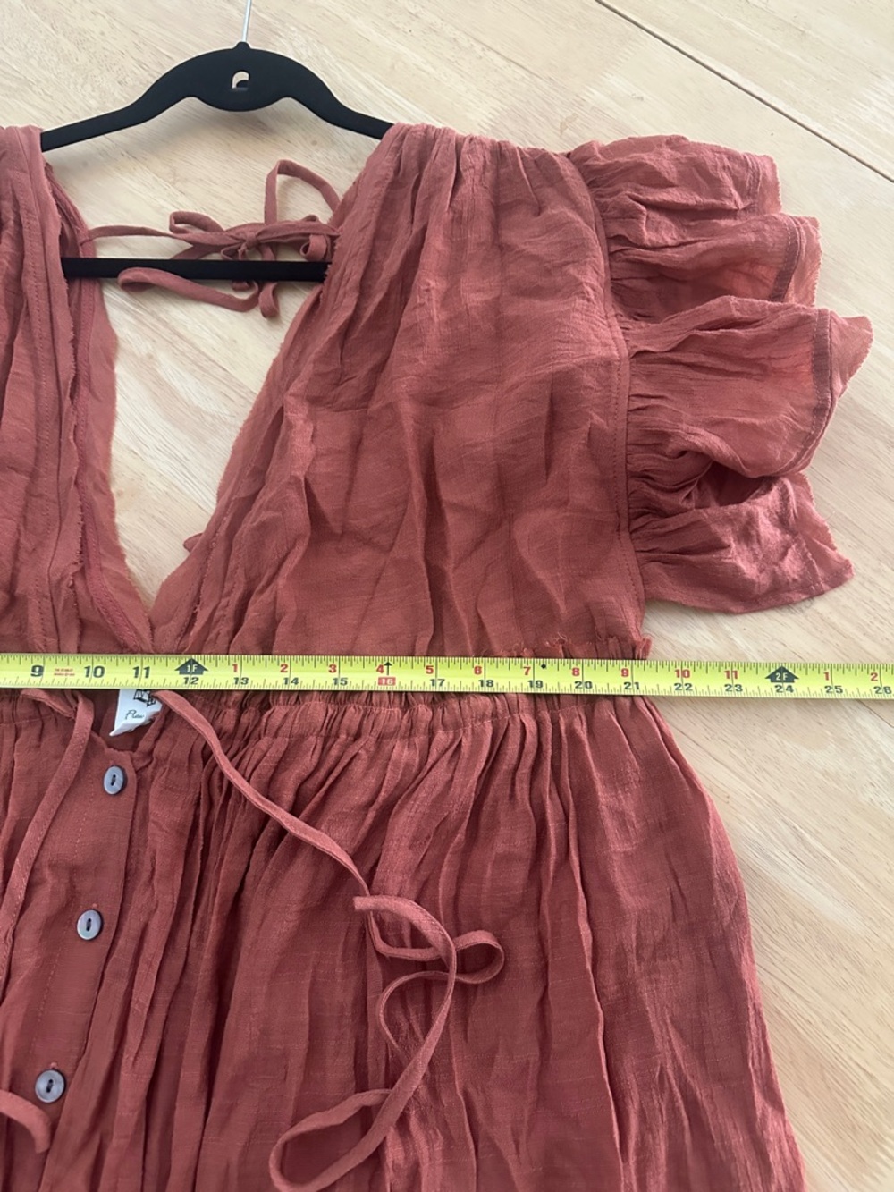 FLAWLESS Rust Maxi Dress V-Neck Ruffle Sleeves Gathered Waistline Button Front L - Picture 10 of 11